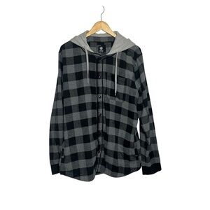Amnesia Men's Size XL 100% Cotton Plaid Button Front Shirt Jacket Hooded Pockets